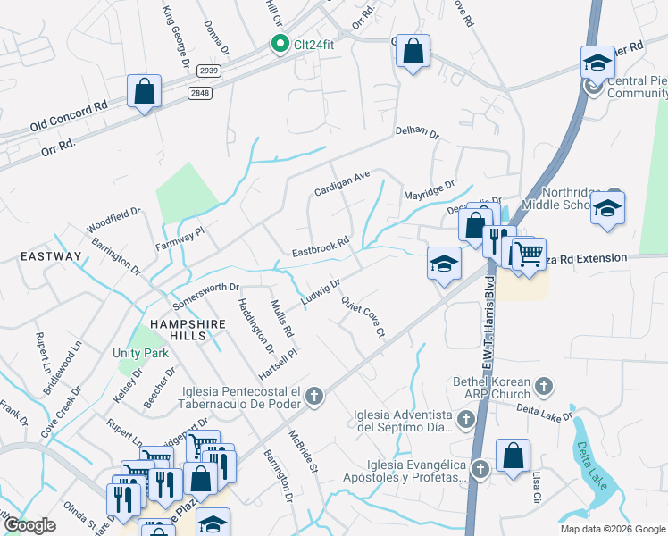 map of restaurants, bars, coffee shops, grocery stores, and more near 7000 Ludwig Drive in Charlotte