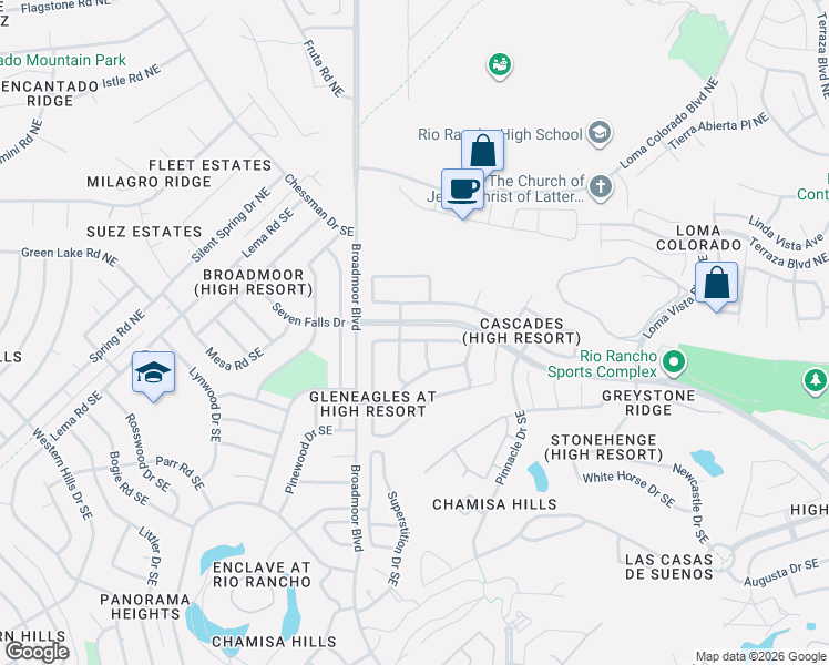 map of restaurants, bars, coffee shops, grocery stores, and more near 3188 Ashkirk Loop Southeast in Rio Rancho