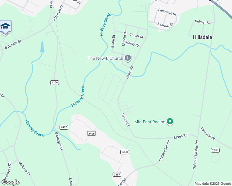 map of restaurants, bars, coffee shops, grocery stores, and more near Eaves Road in Shelby