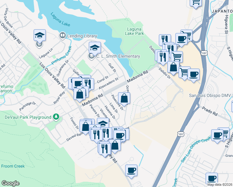 map of restaurants, bars, coffee shops, grocery stores, and more near 1734 Pinecove Drive in San Luis Obispo