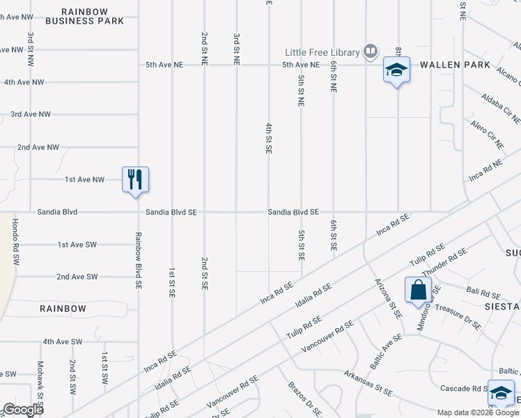 map of restaurants, bars, coffee shops, grocery stores, and more near 89 4th Street Southeast in Rio Rancho