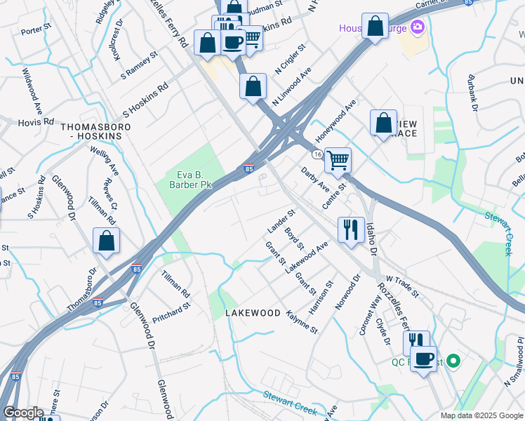 map of restaurants, bars, coffee shops, grocery stores, and more near 204 Halsey Street in Charlotte