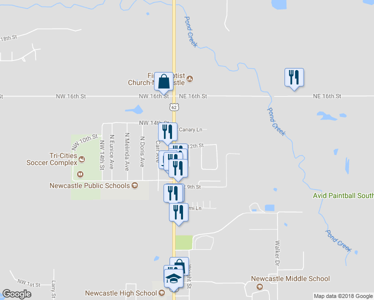 map of restaurants, bars, coffee shops, grocery stores, and more near 1117 Linda Lane in Newcastle
