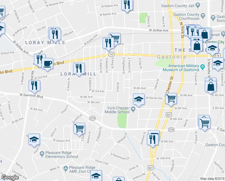 map of restaurants, bars, coffee shops, grocery stores, and more near 480 South King Street in Gastonia