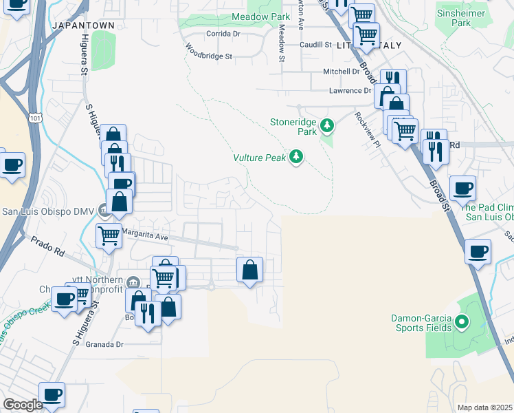 map of restaurants, bars, coffee shops, grocery stores, and more near 3108 Arezzo Drive in San Luis Obispo
