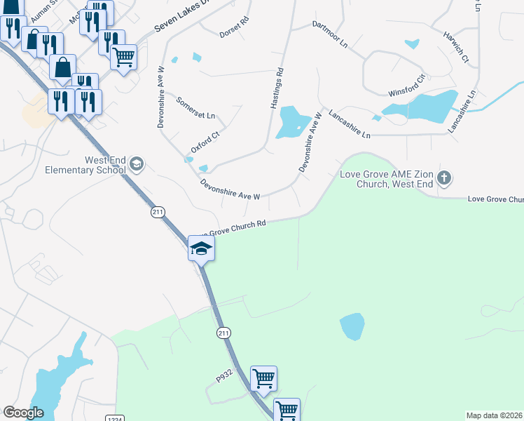 map of restaurants, bars, coffee shops, grocery stores, and more near 103 Shropshire Court in Seven Lakes
