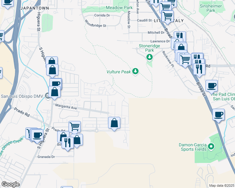map of restaurants, bars, coffee shops, grocery stores, and more near 3108 Arezzo Drive in San Luis Obispo