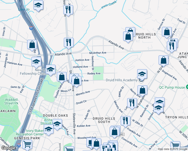 map of restaurants, bars, coffee shops, grocery stores, and more near 1424 Norris Avenue in Charlotte
