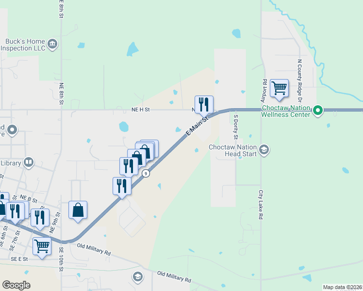 map of restaurants, bars, coffee shops, grocery stores, and more near 1518 Oklahoma 9 in Stigler