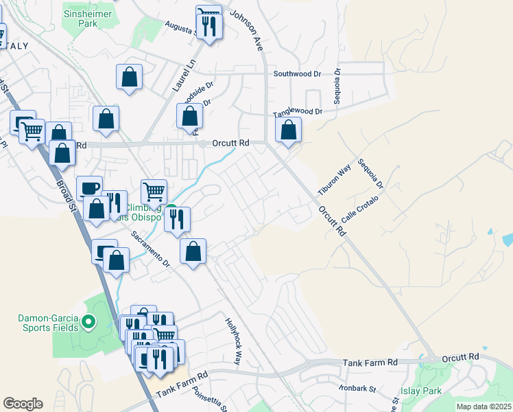 map of restaurants, bars, coffee shops, grocery stores, and more near 3893 Leghorn Court in San Luis Obispo