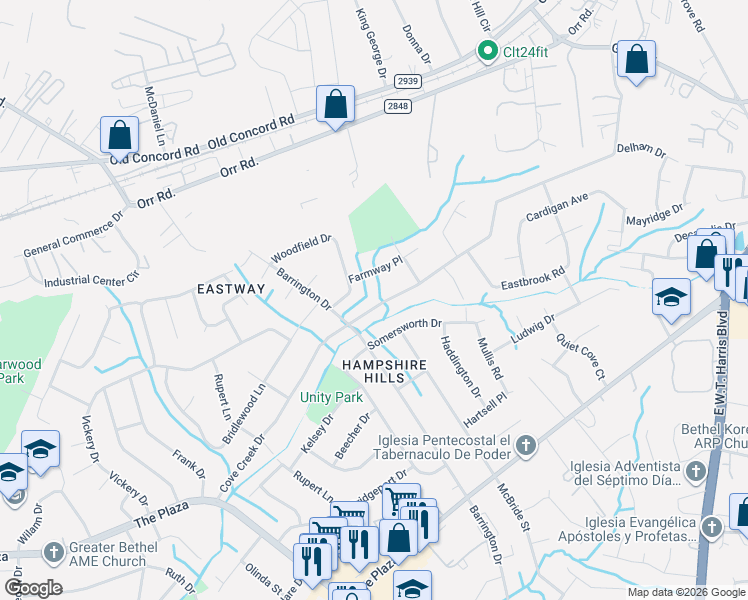 map of restaurants, bars, coffee shops, grocery stores, and more near 6528 Cove Creek Drive in Charlotte
