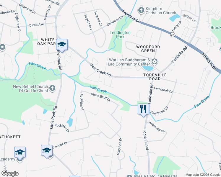map of restaurants, bars, coffee shops, grocery stores, and more near 5540 Stone Bluff Court in Charlotte