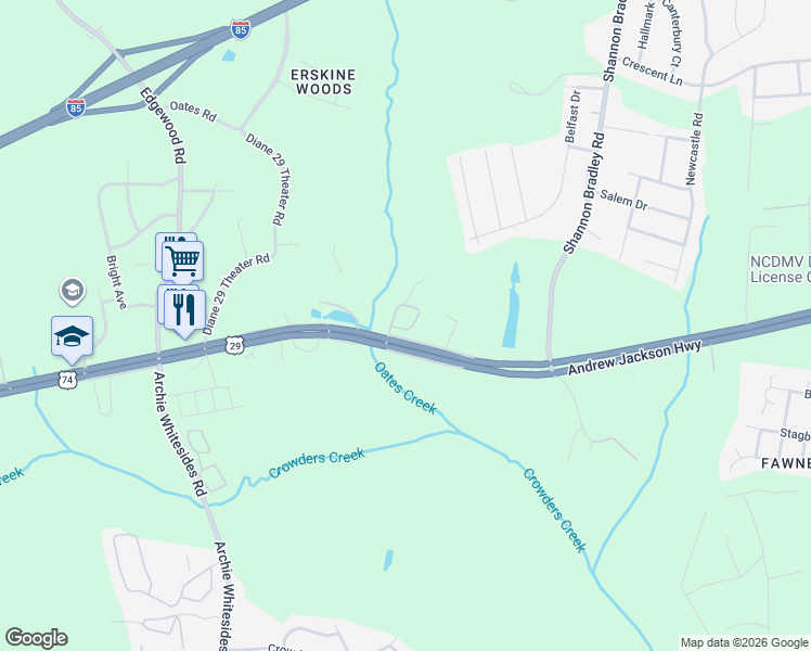 map of restaurants, bars, coffee shops, grocery stores, and more near 3370-3486 Andrew Jackson Highway in Gastonia