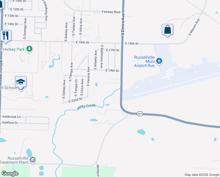 map of restaurants, bars, coffee shops, grocery stores, and more near 1988 South Elmira Avenue in Russellville