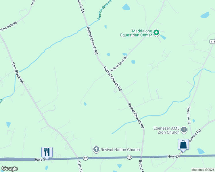 map of restaurants, bars, coffee shops, grocery stores, and more near 11486 Bethel Church Road in Midland