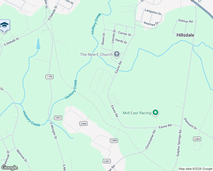 map of restaurants, bars, coffee shops, grocery stores, and more near Eaves Road in Shelby