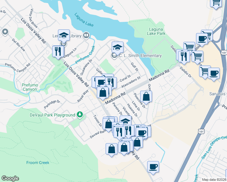 map of restaurants, bars, coffee shops, grocery stores, and more near 1563 Galleon Way in San Luis Obispo