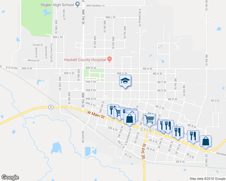 map of restaurants, bars, coffee shops, grocery stores, and more near NW 4th St & NW E St in Stigler