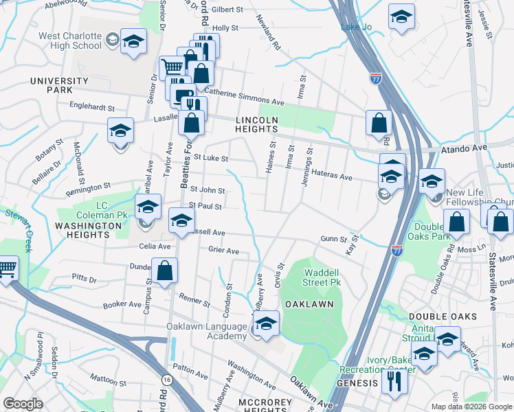 map of restaurants, bars, coffee shops, grocery stores, and more near 1928 Saint John Street in Charlotte