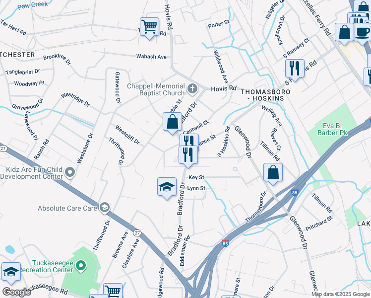 map of restaurants, bars, coffee shops, grocery stores, and more near 330 Bradford Drive in Charlotte