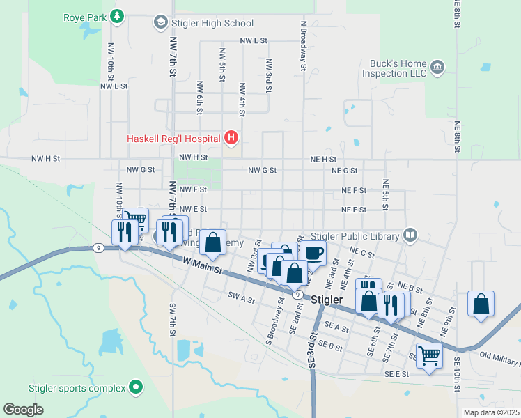map of restaurants, bars, coffee shops, grocery stores, and more near 309 Northwest E Street in Stigler