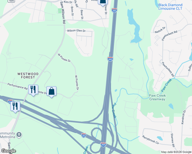 map of restaurants, bars, coffee shops, grocery stores, and more near 1810 West Pointe Drive in Charlotte