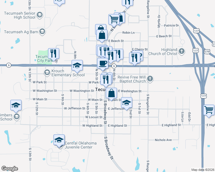 map of restaurants, bars, coffee shops, grocery stores, and more near 113 North Broadway Street in Tecumseh