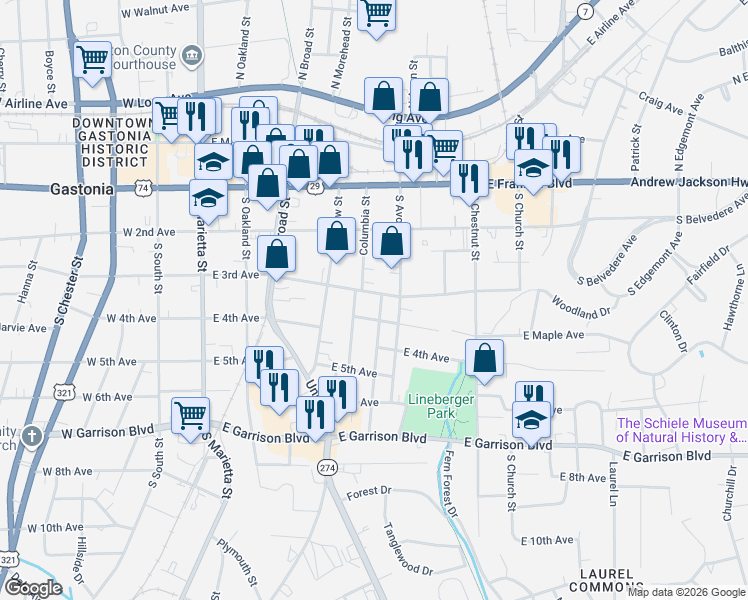 map of restaurants, bars, coffee shops, grocery stores, and more near 323 South Avon Street in Gastonia