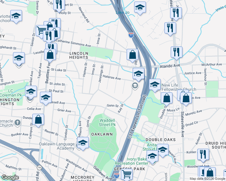 map of restaurants, bars, coffee shops, grocery stores, and more near 1833 Erie Street in Charlotte