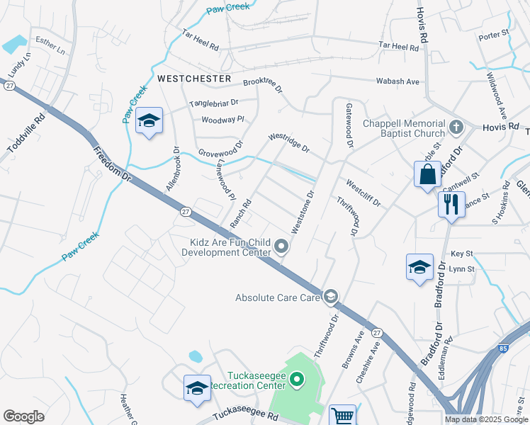 map of restaurants, bars, coffee shops, grocery stores, and more near 4469 Millbridge Drive in Charlotte