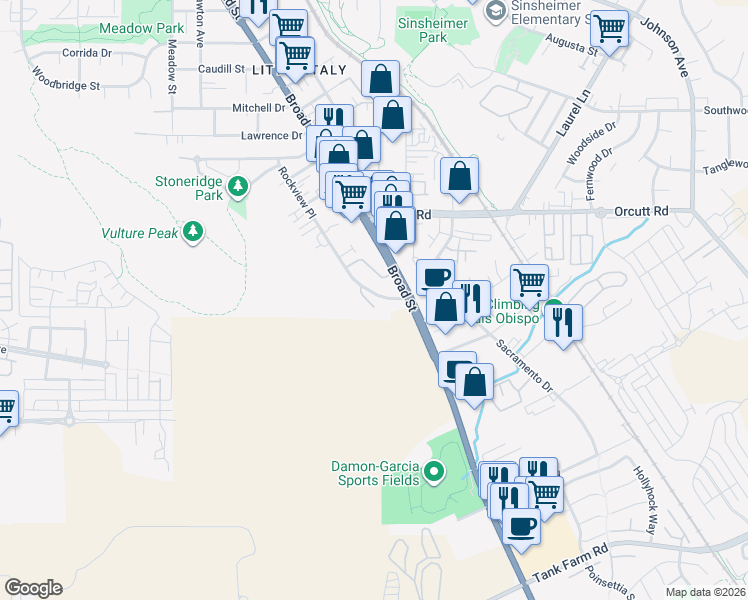 map of restaurants, bars, coffee shops, grocery stores, and more near 3340 Broad Street in San Luis Obispo