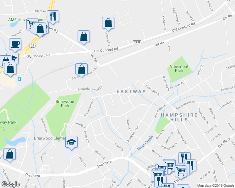 map of restaurants, bars, coffee shops, grocery stores, and more near Old Coach Road in Charlotte