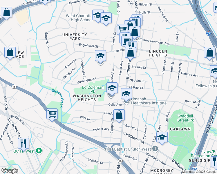 map of restaurants, bars, coffee shops, grocery stores, and more near 1624 Maribel Avenue in Charlotte
