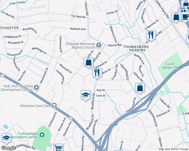 map of restaurants, bars, coffee shops, grocery stores, and more near 280 Bradford Drive in Charlotte