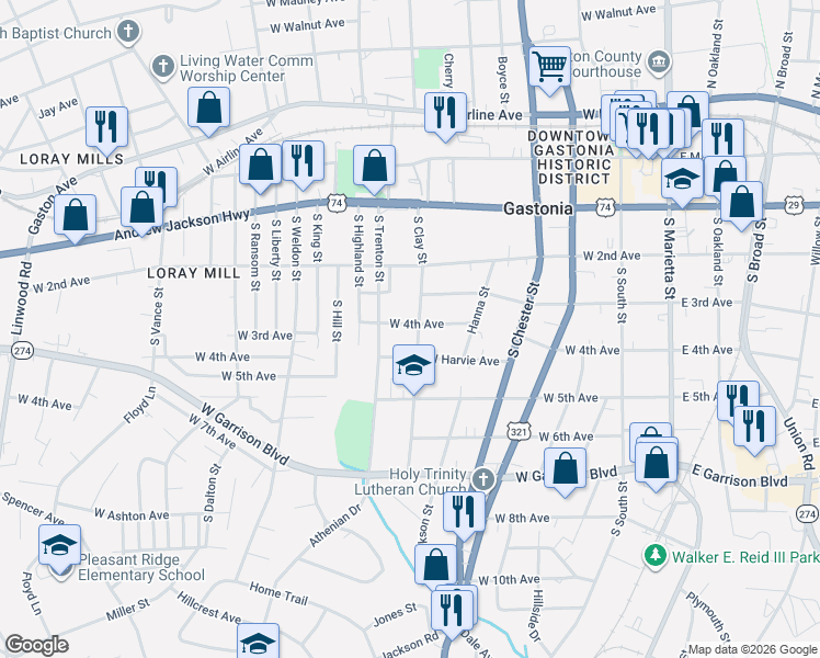 map of restaurants, bars, coffee shops, grocery stores, and more near 405 South Clay Street in Gastonia