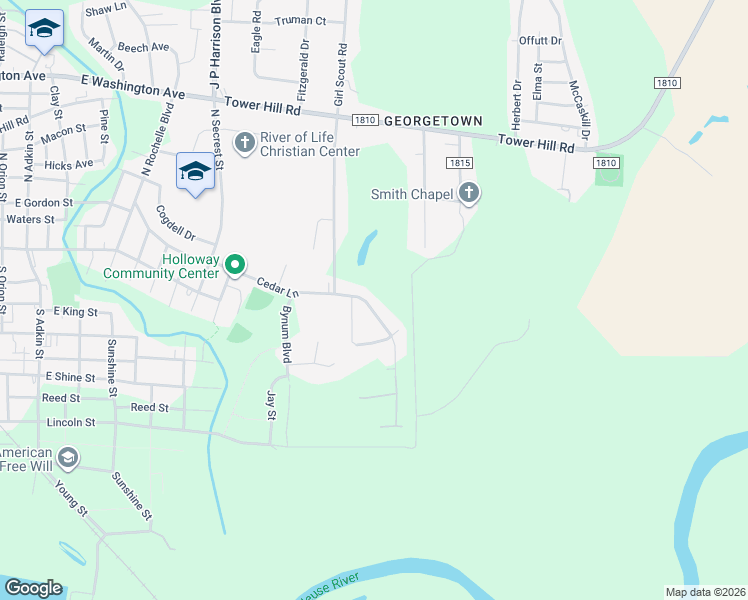 map of restaurants, bars, coffee shops, grocery stores, and more near 2102 Cedar Lane in Kinston