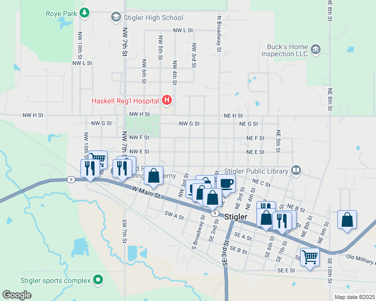 map of restaurants, bars, coffee shops, grocery stores, and more near 309 Northwest E Street in Stigler