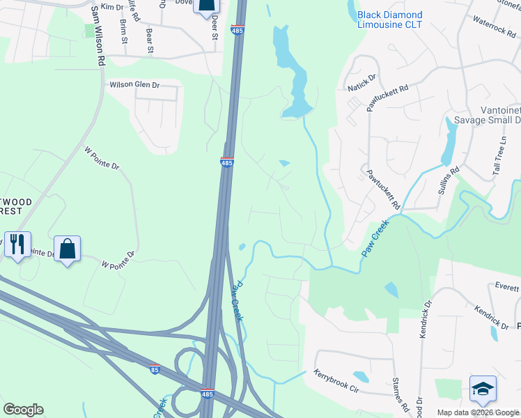 map of restaurants, bars, coffee shops, grocery stores, and more near 2620 Wildlife Road in Charlotte