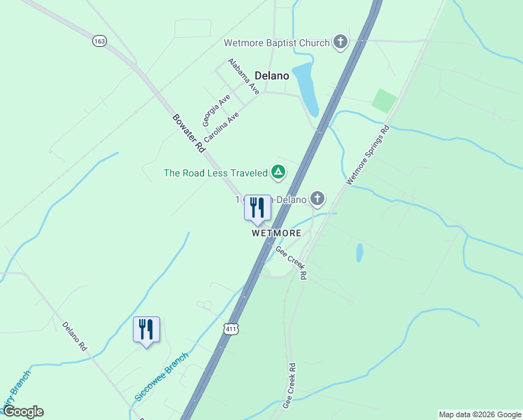 map of restaurants, bars, coffee shops, grocery stores, and more near 9601 U.S. 411 in Delano