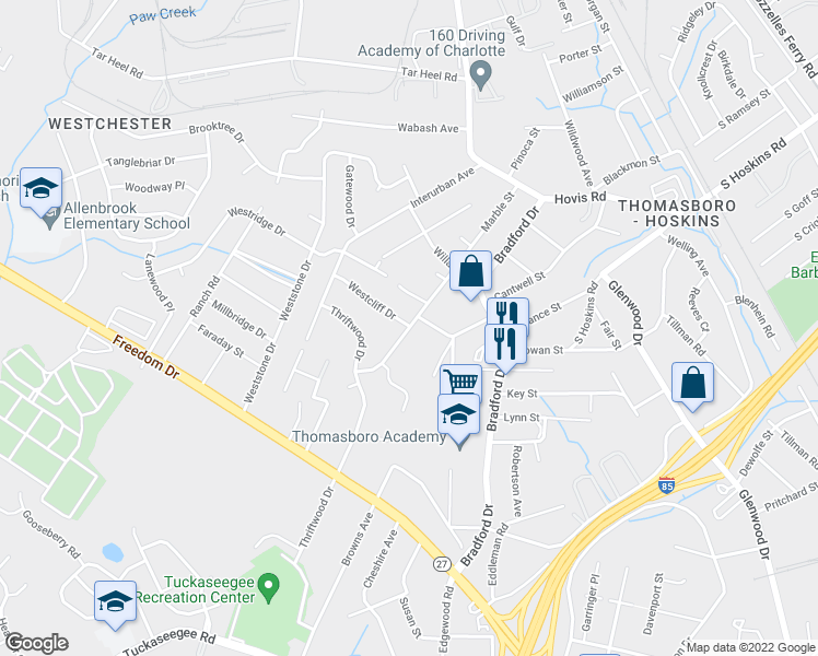 map of restaurants, bars, coffee shops, grocery stores, and more near 4108 Westcliff Drive in Charlotte