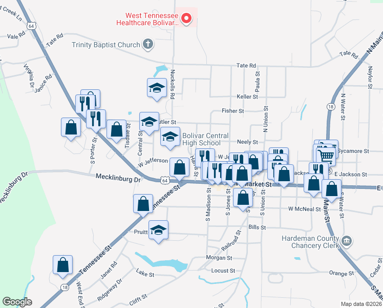 map of restaurants, bars, coffee shops, grocery stores, and more near 313 Harris Street in Bolivar