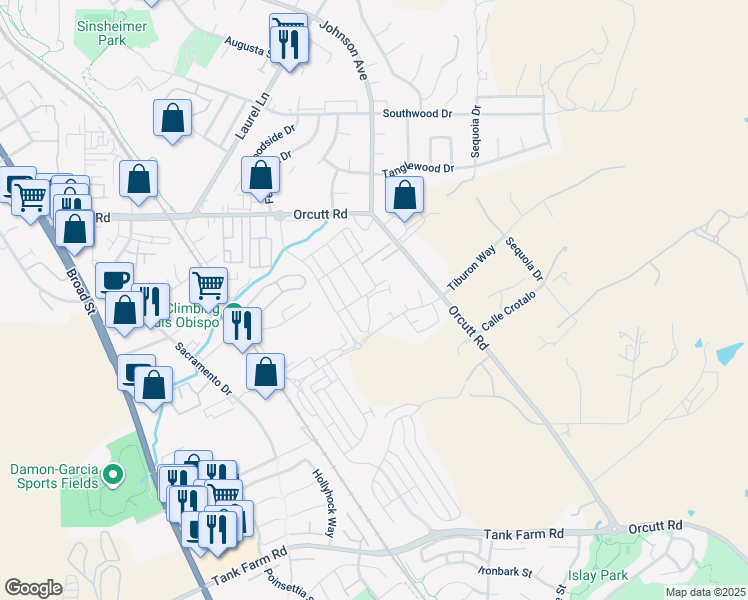 map of restaurants, bars, coffee shops, grocery stores, and more near 3735 Orcutt Road in San Luis Obispo