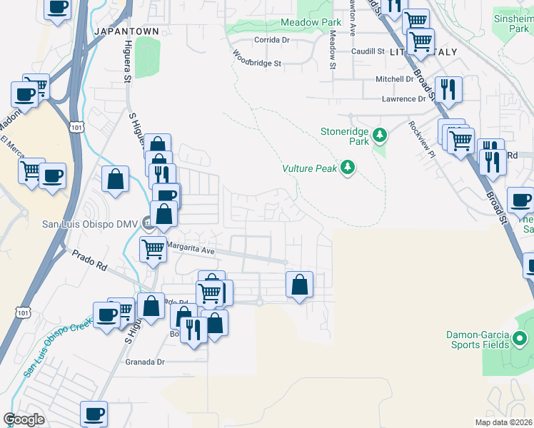 map of restaurants, bars, coffee shops, grocery stores, and more near 3055 Lucca Lane in San Luis Obispo