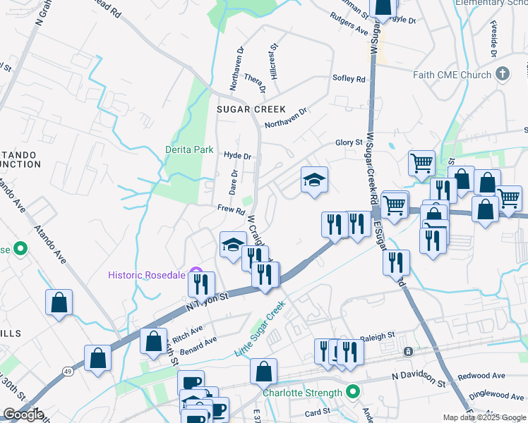 map of restaurants, bars, coffee shops, grocery stores, and more near 343 West Craighead Road in Charlotte