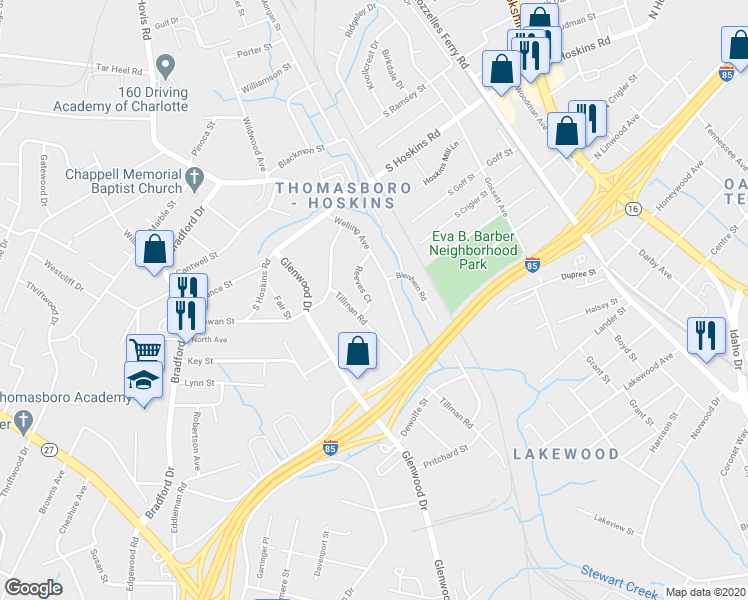 map of restaurants, bars, coffee shops, grocery stores, and more near 637 Reeves Court in Charlotte