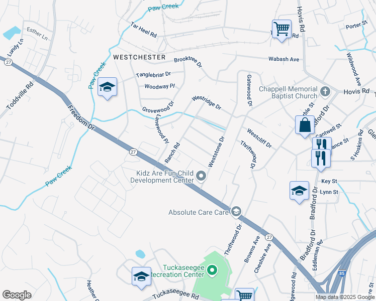 map of restaurants, bars, coffee shops, grocery stores, and more near 4469 Millbridge Drive in Charlotte