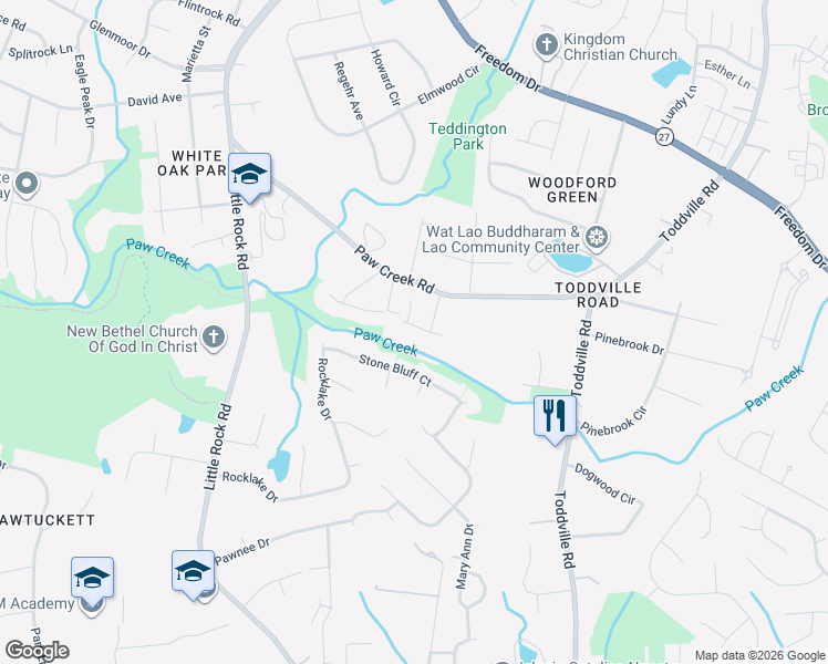 map of restaurants, bars, coffee shops, grocery stores, and more near 6025 Paw Creek Road in Charlotte