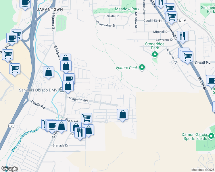 map of restaurants, bars, coffee shops, grocery stores, and more near 3074 Lucca Lane in San Luis Obispo