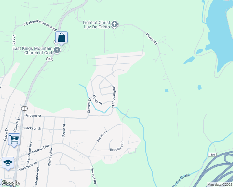 map of restaurants, bars, coffee shops, grocery stores, and more near 1504 Northwoods Drive in Kings Mountain