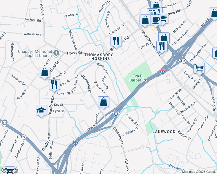 map of restaurants, bars, coffee shops, grocery stores, and more near 637 Reeves Court in Charlotte